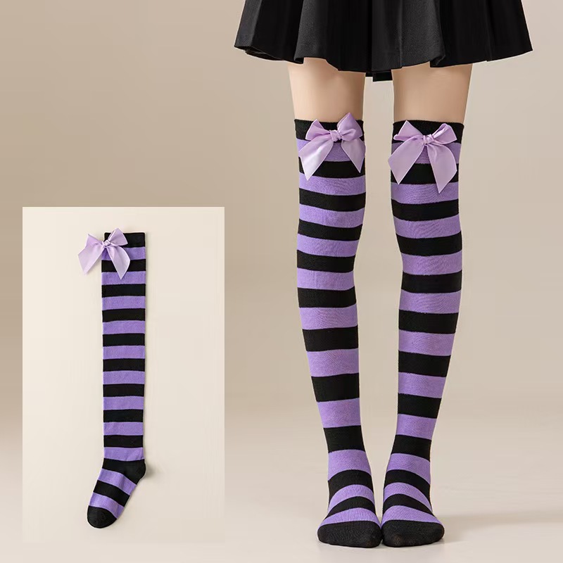 跨境圣诞节过膝袜蝴蝶结毛球长筒袜条纹袜圣诞绿白斜条纹长筒袜详情22