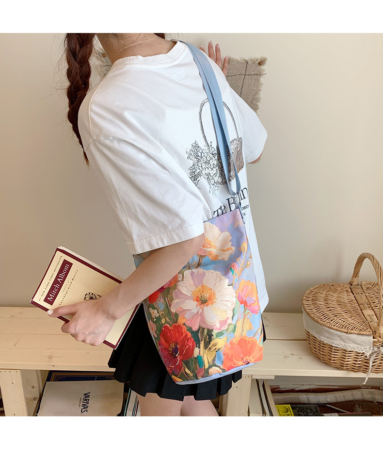 大容量国风印花水桶包女创意花卉个性手提单肩包设计感休闲斜挎包详情37