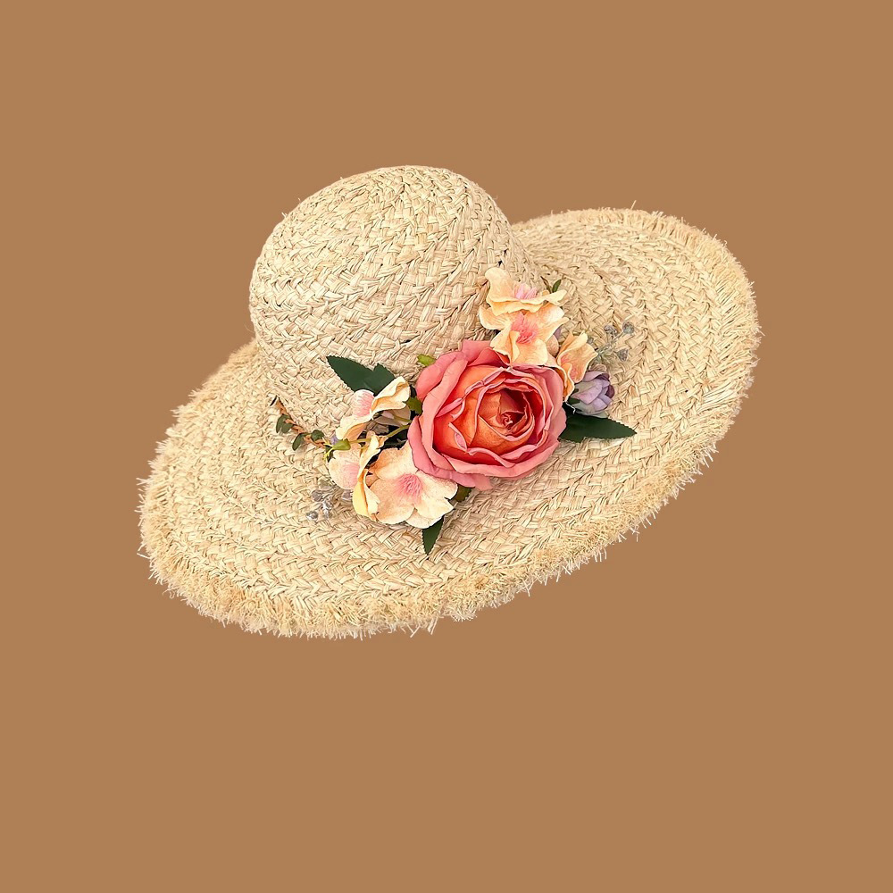 花朵手工编织拉菲草帽女夏季法式大檐遮阳防晒帽海边度假太阳帽子详情7