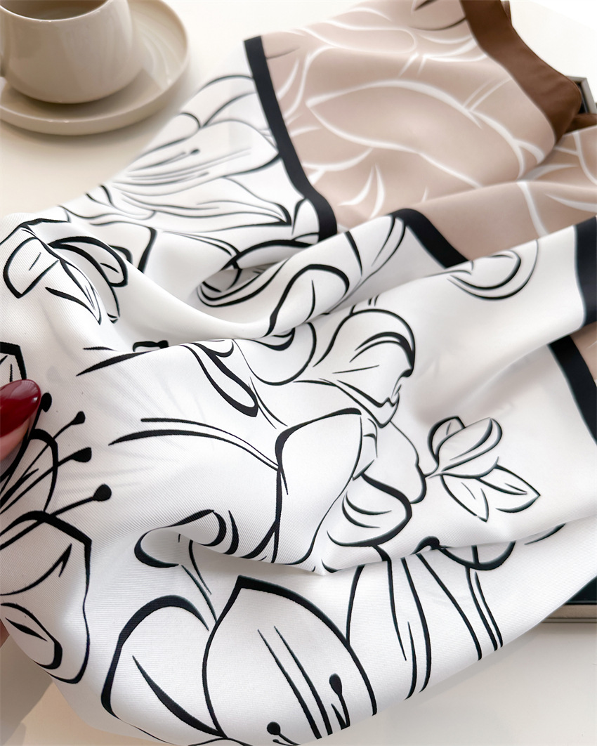 National trend retro printed artistic silk scarf, 90cm twill silk scarf, lotus flower fashionable large square scarf, sun protection shawl headscarf pic 2