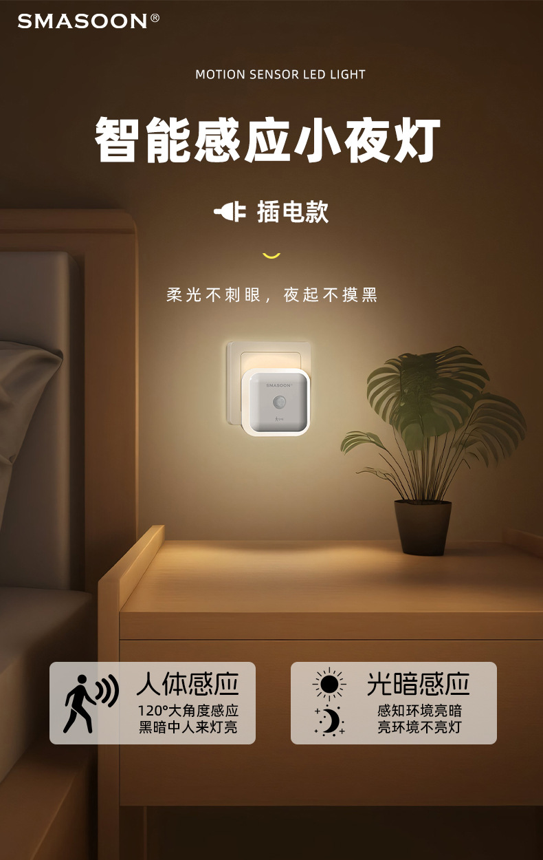插电式智能人体感应灯家用玄关卫生间厨房寝室学生宿舍小夜灯批发出口外贸详情1