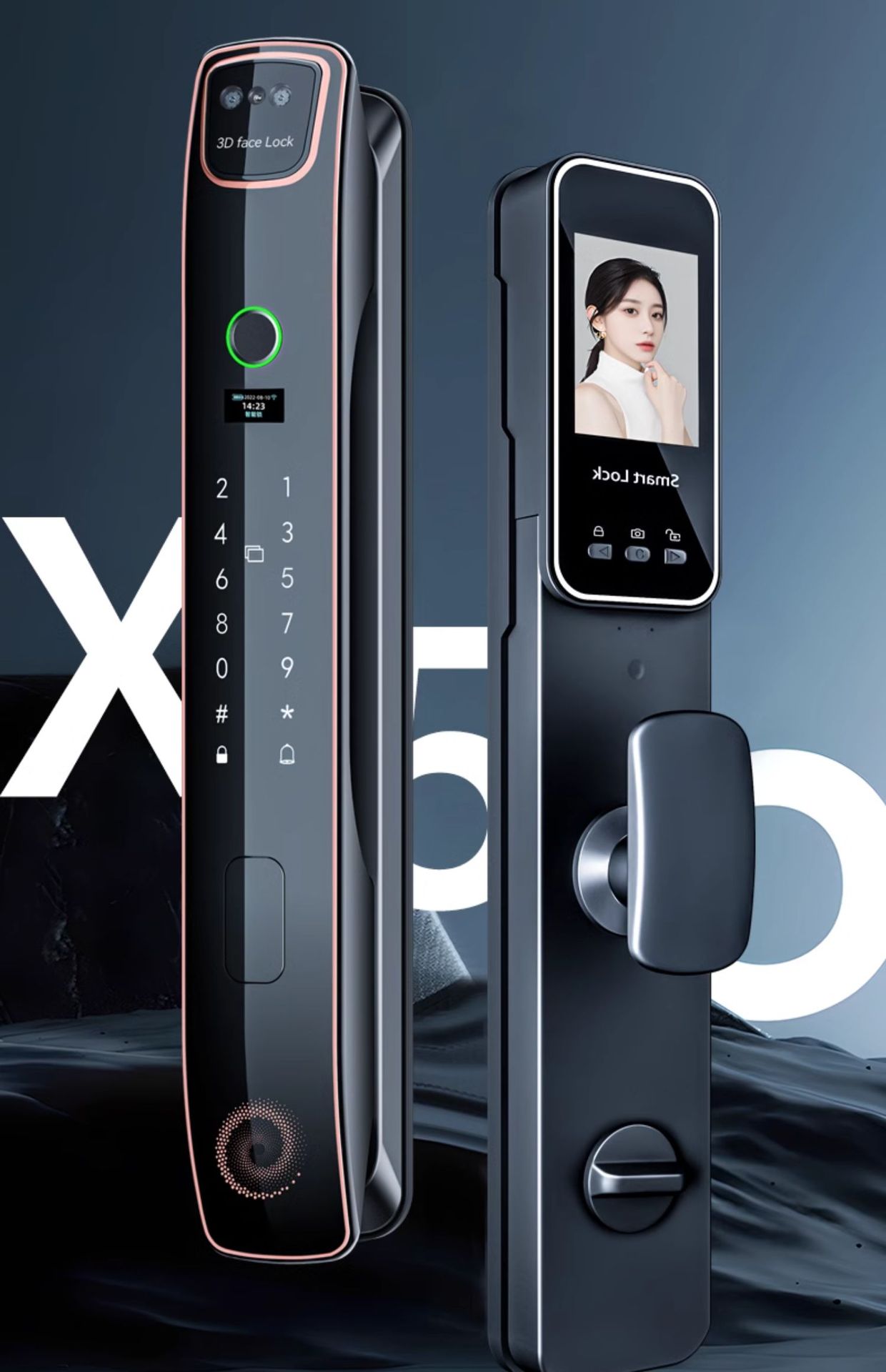 Black smart door lock, 3D facial recognition, large visual screen, digital keyboard, fingerprint recognition pic 2