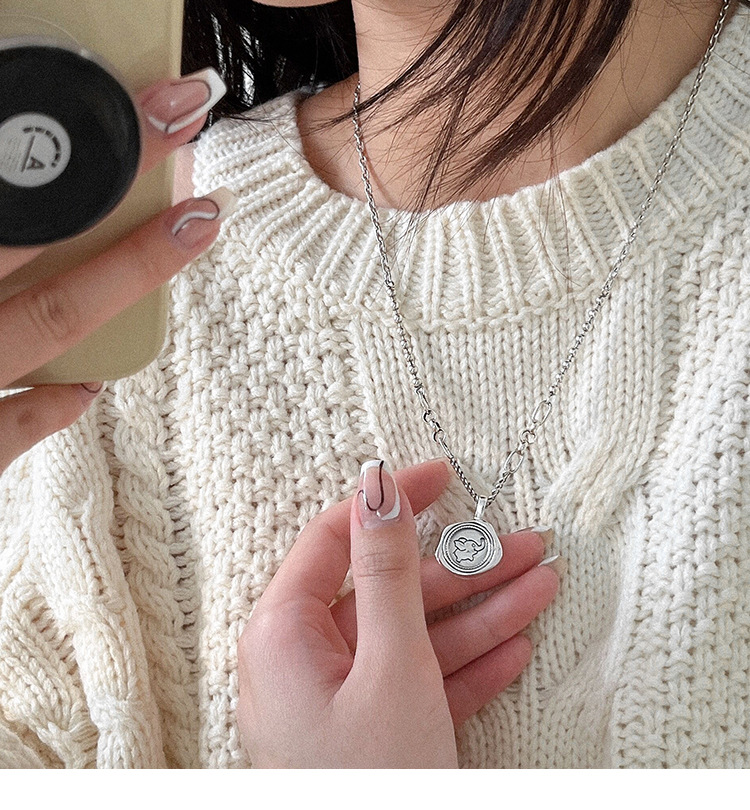 S925纯银复古圆牌小象图章项链女韩风高雅感毛衣链小众饰品精品详情2
