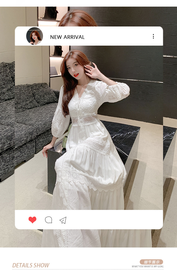 2024流行款连衣裙春夏白色甜美法式泡泡袖过膝长裙沙滩裙出游裙子详情4