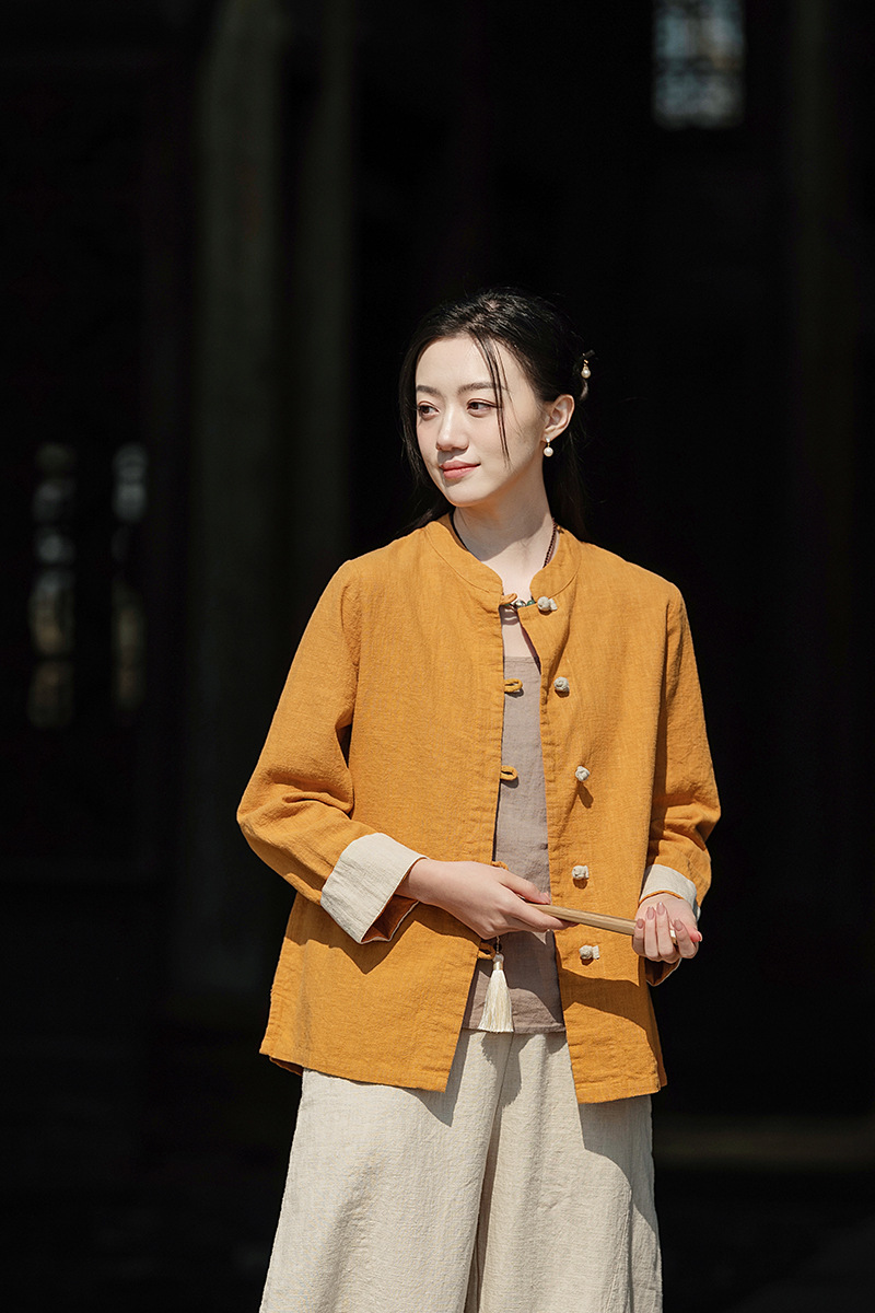 国潮中式棉麻女装拼色盘扣衬衫复古亚麻上衣茶服女禅意中山装国风开衫详情16