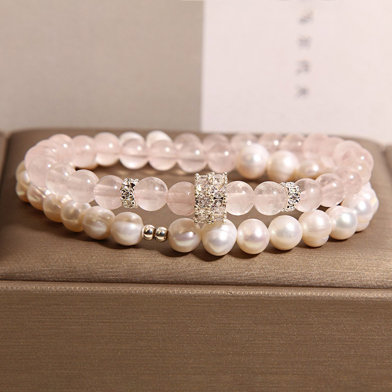 New Chinese-style pink crystal bracelet for women, light luxury, niche and exquisite natural pearl double-loop layered bracelet, high-end jewelry pic 1