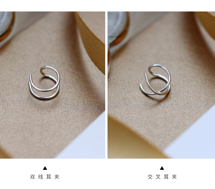 s925 Silver double-line cross ear clips, 2023 New style, trendy, cool and niche, ins black ear clips without ear holes for women pic 8