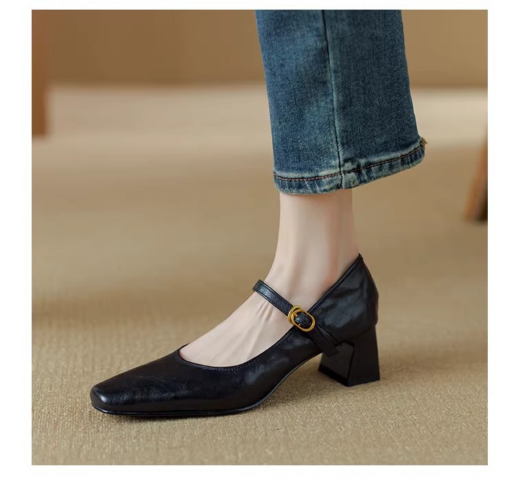 软羊皮黑色高跟鞋2025春秋新款法式复古粗跟一字带玛丽珍鞋女单鞋详情18