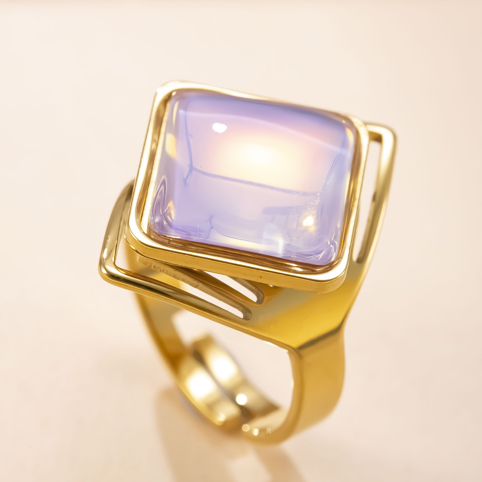 跨境热销钛钢饰品轻奢中古风开口戒指油压方形天然石不锈钢戒指厂详情7