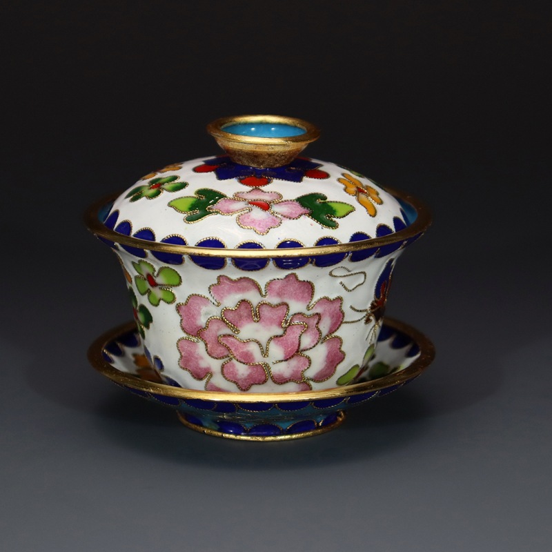 Beijing Cloisonne craft cultural gift and decorative items: copper body, cloisonne enamel, filigree, silver blue, large and small tea bowls and covered bowls pic 3