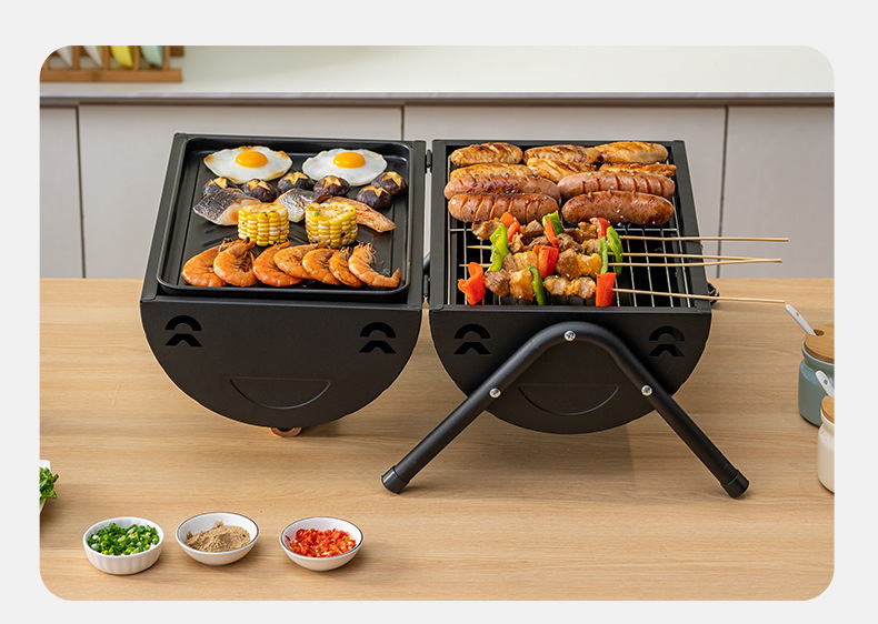 Outdoor camping barbecue grill, double-sided portable portable grilling and roasting dual-purpose charcoal grill, chimney grill pic 12