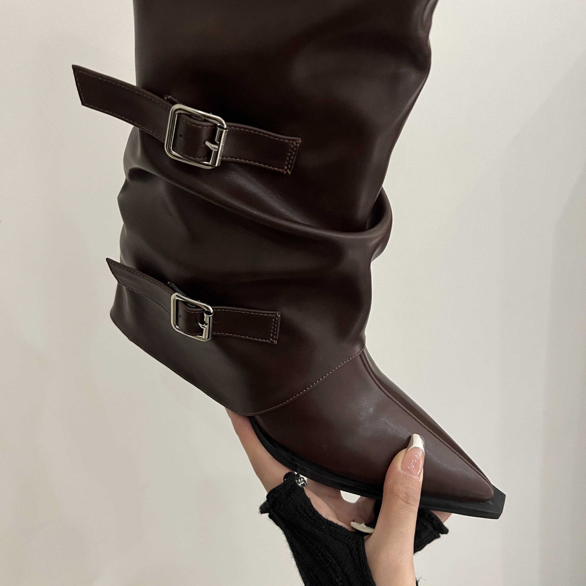 皮带扣~裤筒靴粗跟靴子长靴女欧美辣妹高筒靴尖头黑色裤管靴炸街详情13