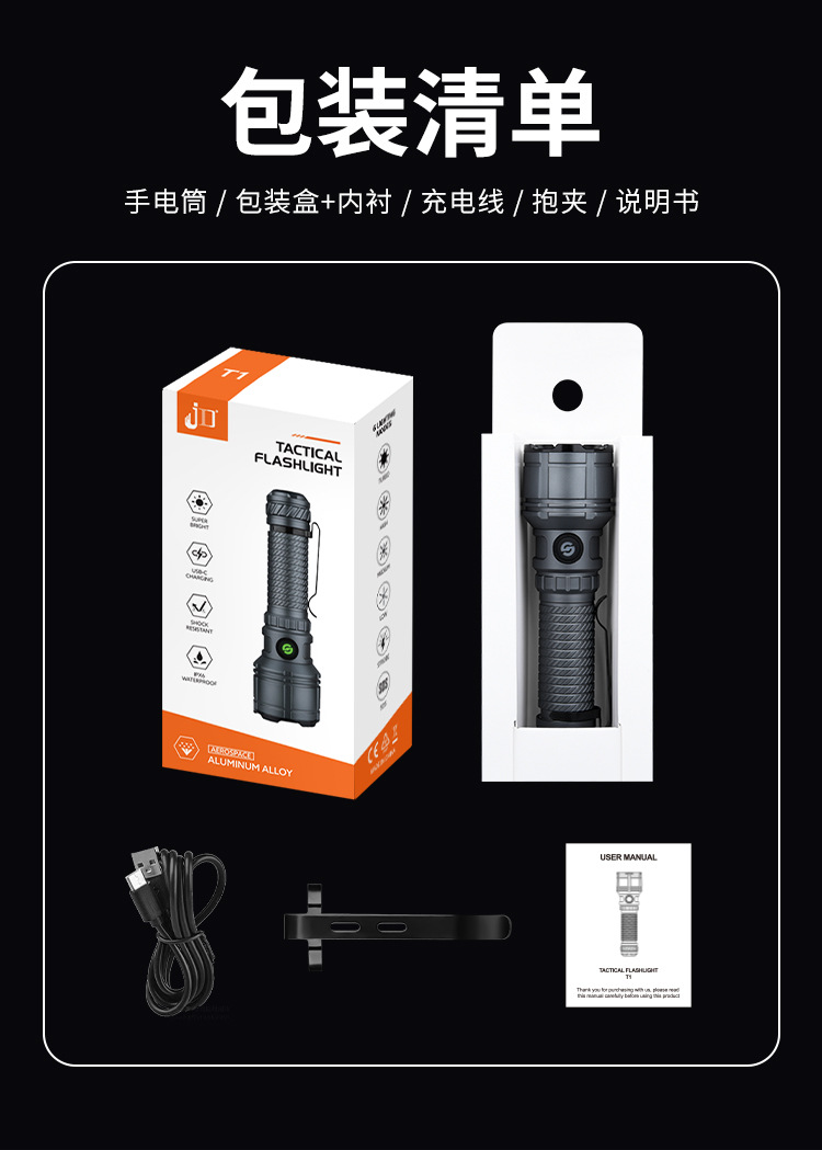跨境新款白激光超亮强光LED照明手电筒变焦充电户外远射大功率详情19