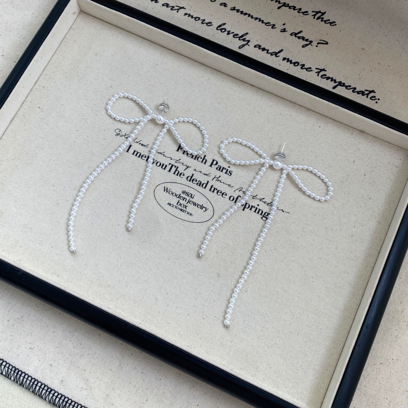 秋冬新手工编织款珍珠蝴蝶结耳钉女s925银针气质小众设计流苏耳环详情12