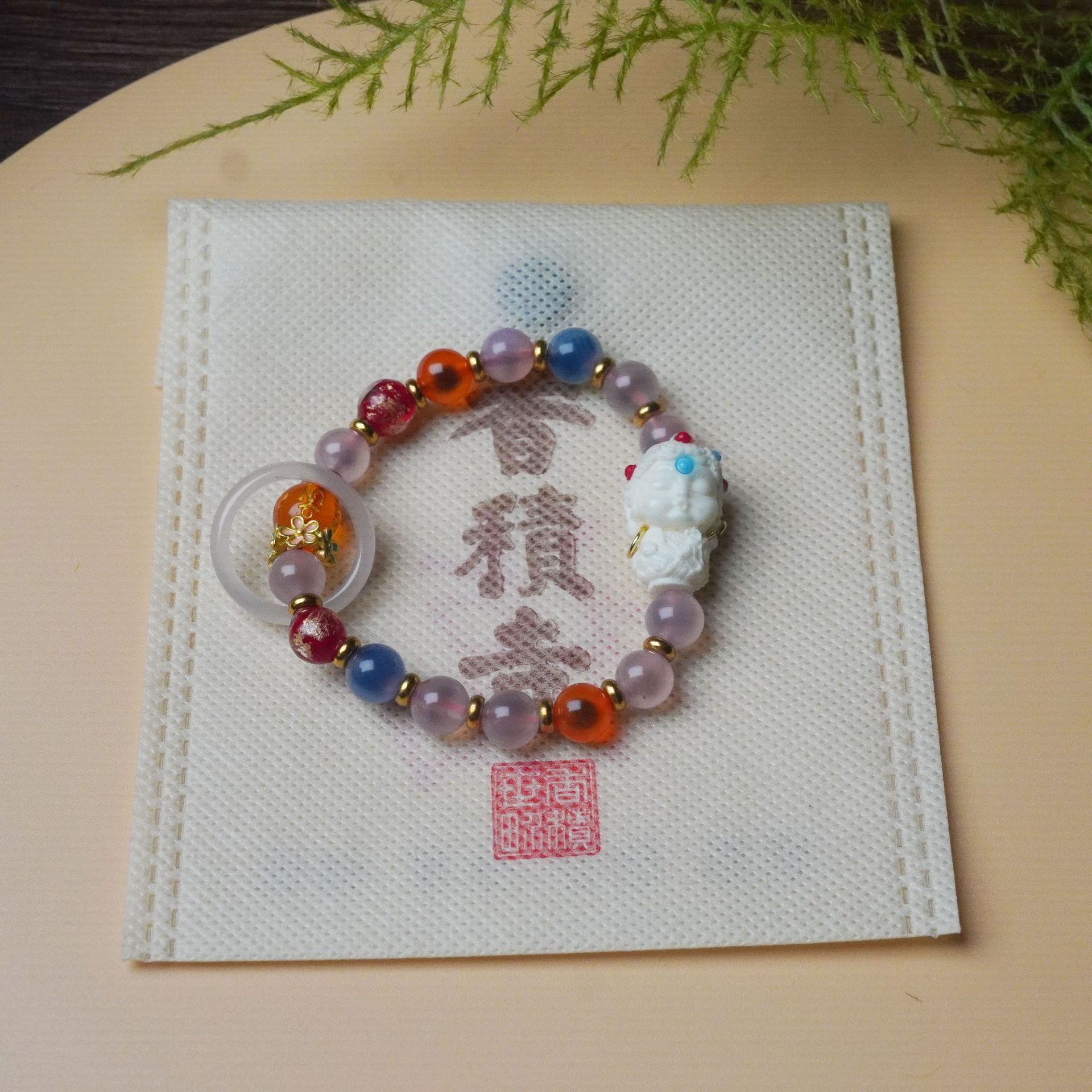寺庙同款半糖玛瑙白度母手链串珠女金箔古法琉璃手串文玩饰品配饰详情7