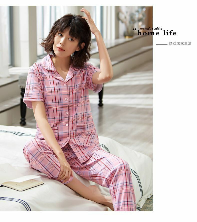 100%纯棉睡衣女夏季薄款短袖长裤大码家居服套装夏可外穿详情18