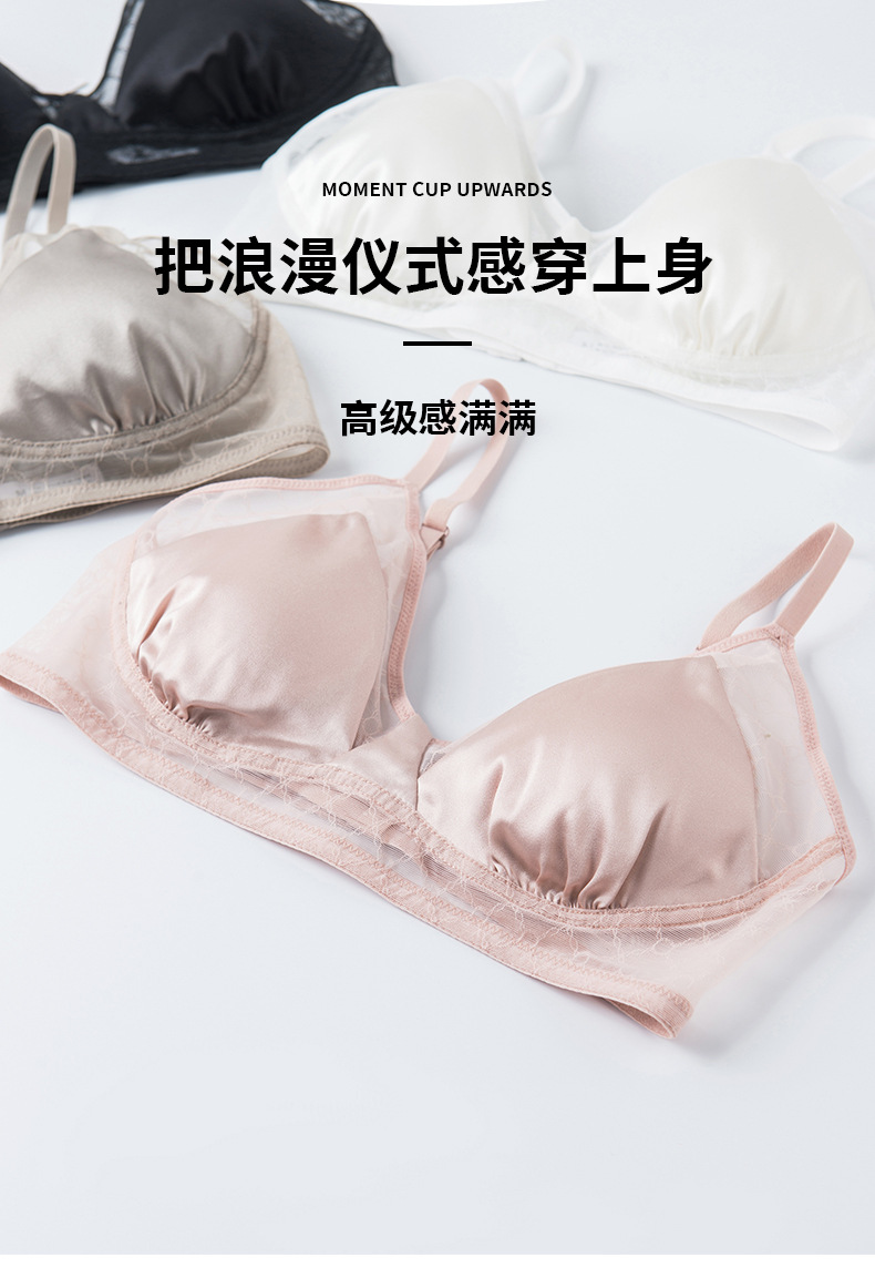 Tangge Spring/Summer Light Luxury French triangular cup silk smooth bra Ultra-thin small chest satin silk underwear pic 13