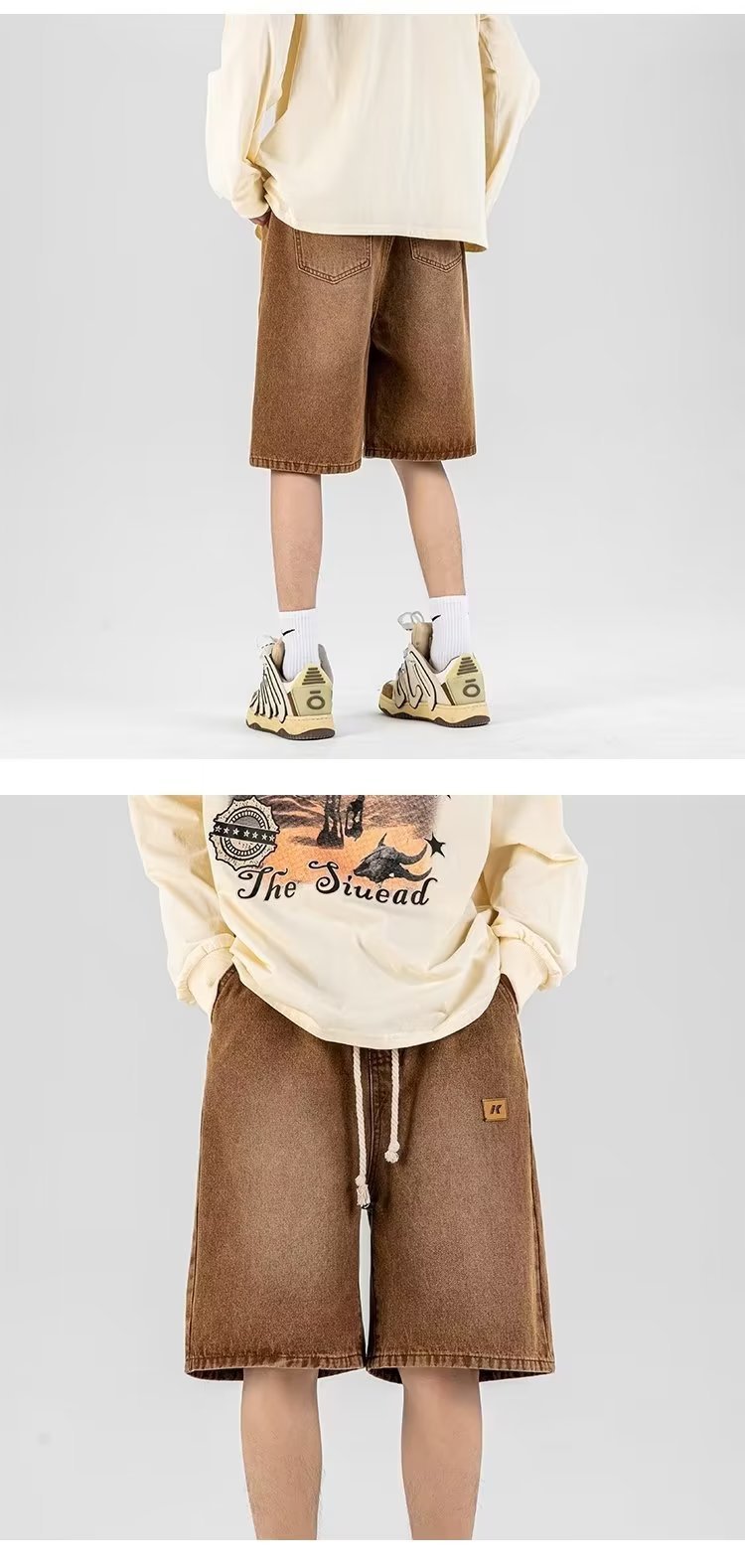 FUIV 夏季港风大码贴标牛仔裤短裤嘻哈ins潮男外贸宽松情侣五分裤 pic 6