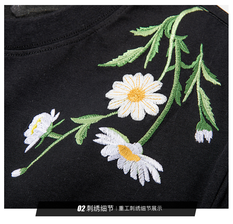 2025 New embroidered light changing flower bed branch short-sleeved Chinese-style round-neck loose half-sleeve pic 17
