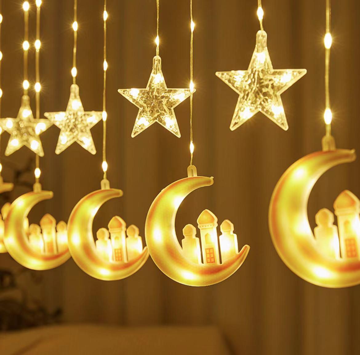 Cross-border foreign trade LED painted leather line star and moon curtain light interior decoration 10 hanging moon five-pointed star castle color pic 11