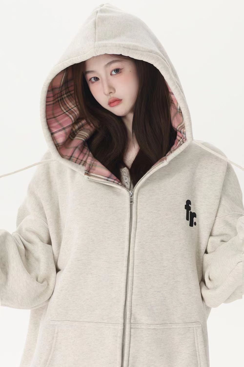 （CVC华棉复合320克）拼接内衬格子布连帽卫衣女装春秋冬长袖外套详情17