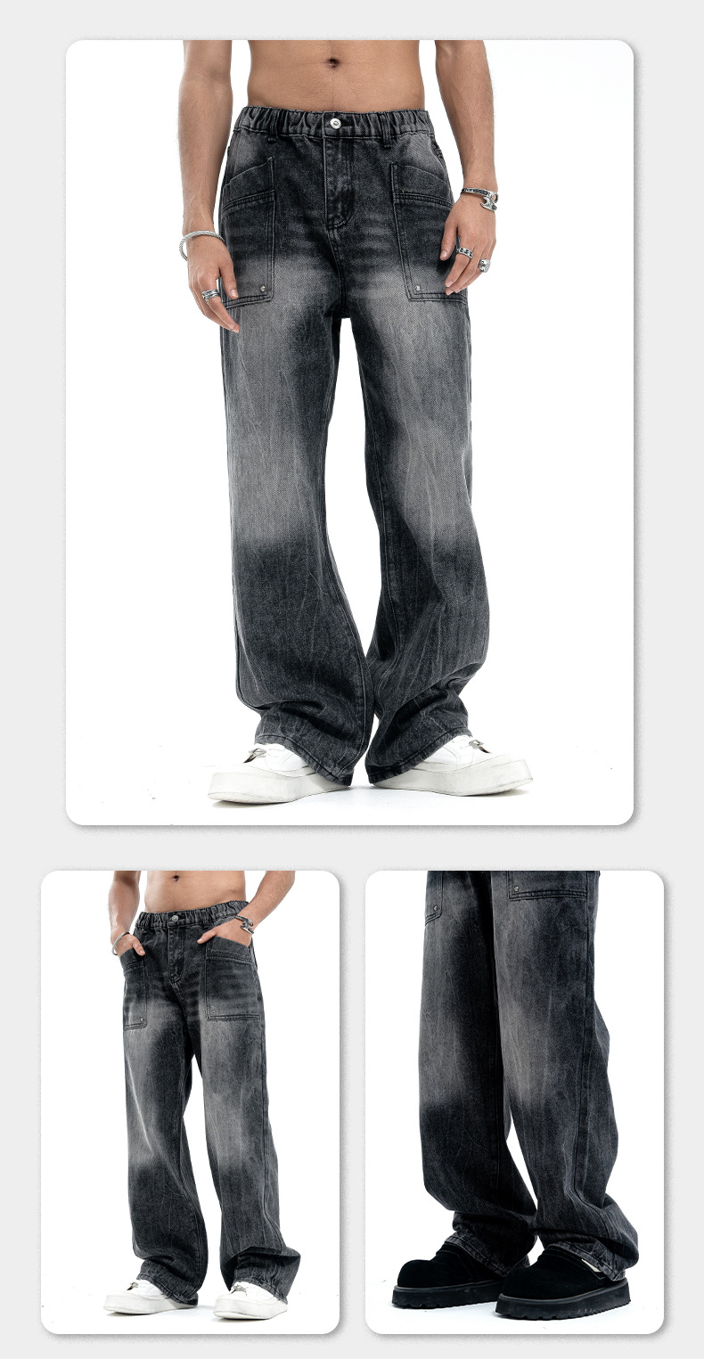 LAWFOO美式复古高街牛仔裤男女水洗做旧宽松阔腿直筒潮牌高街裤子详情7
