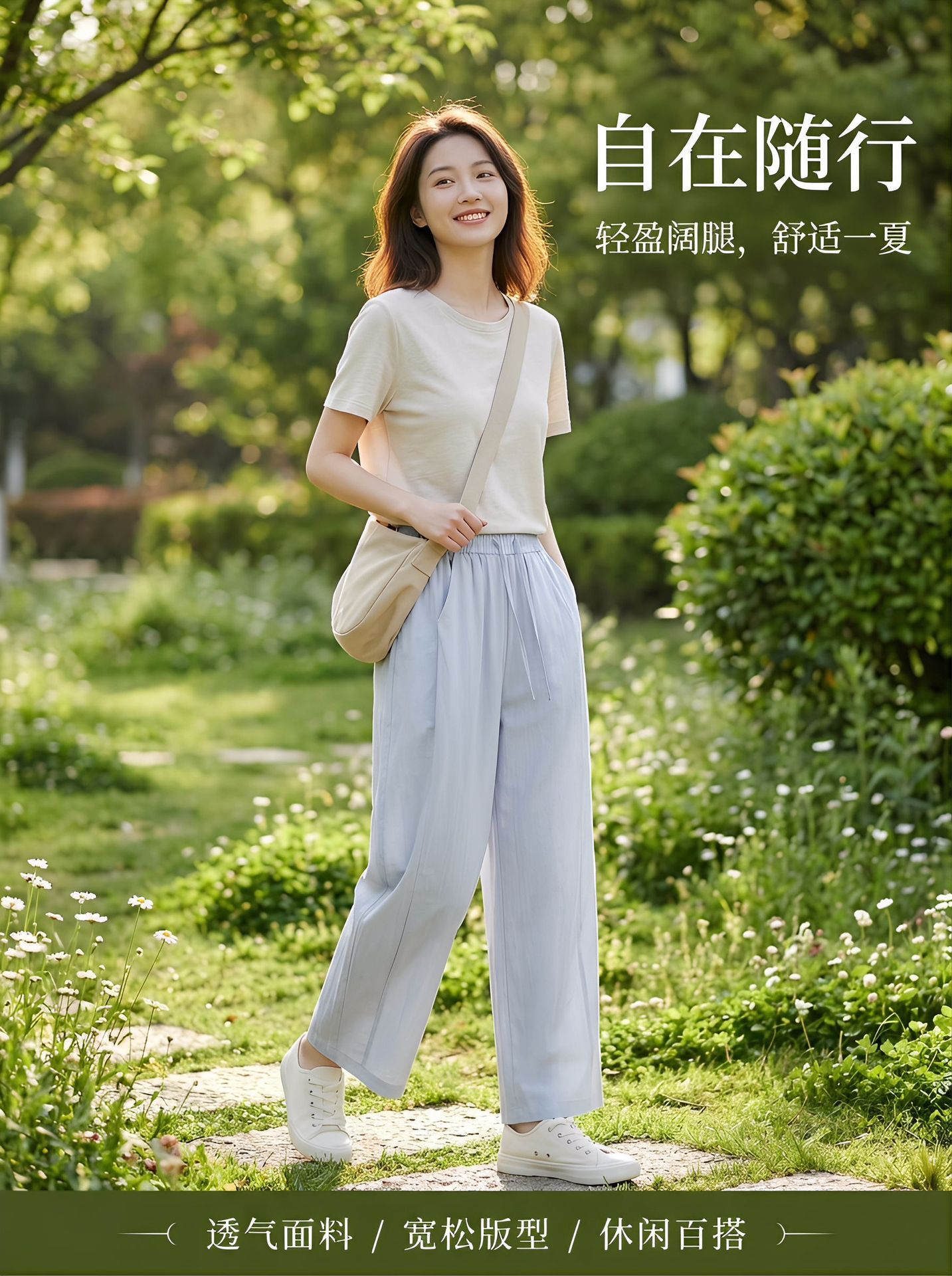 夏季新品九分阔腿萝卜裤子女显瘦宽松直筒高腰松紧腰拼接风女裤详情9