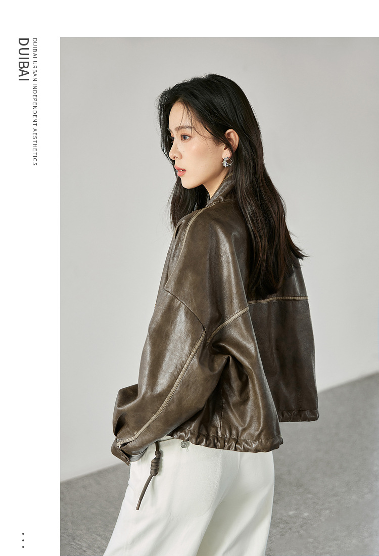 对白气质立领短款风衣外套女2024秋装新款抽绳高级感通勤皮衣夹克详情7