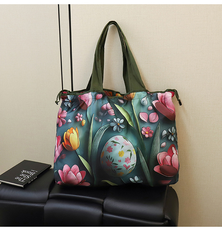 大容量花朵印花单肩包防水购物袋尼龙外出托特包时尚复古手提包详情37