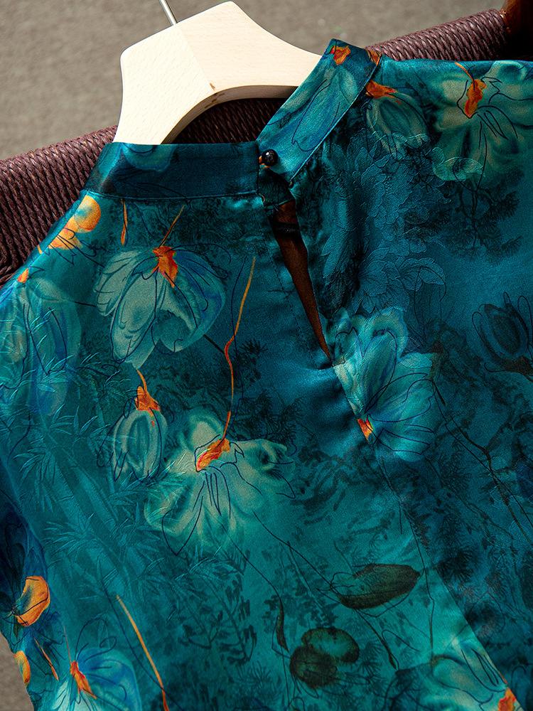 真丝香云纱立领旗袍连衣裙女国风刺绣100桑蚕丝收腰裙子夏新款详情11