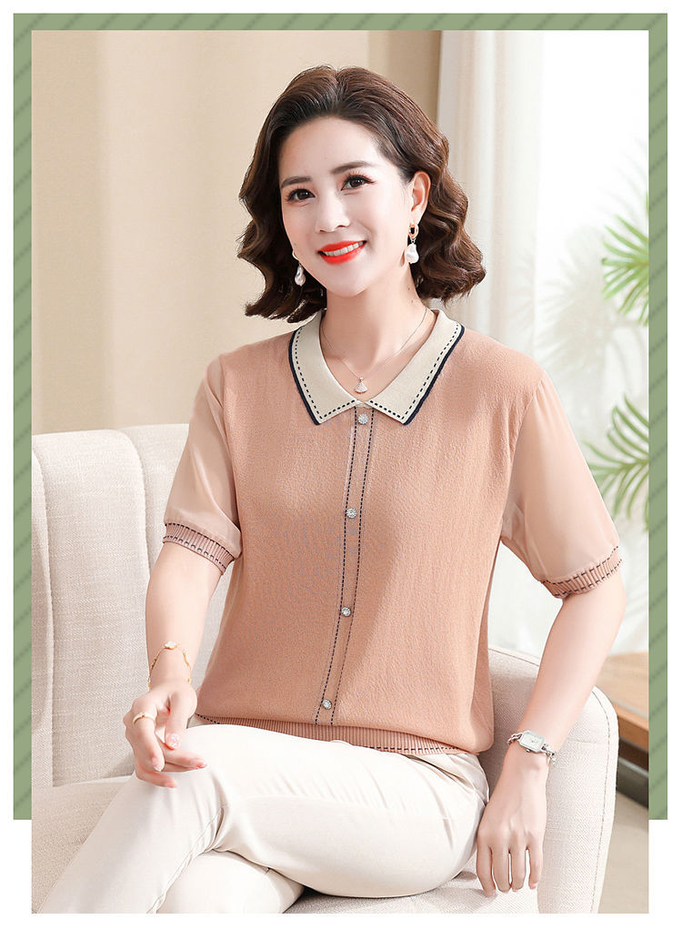 妈妈夏装短袖针织翻领T恤中老年女装冰丝上衣遮肚子薄款小衫套装详情12