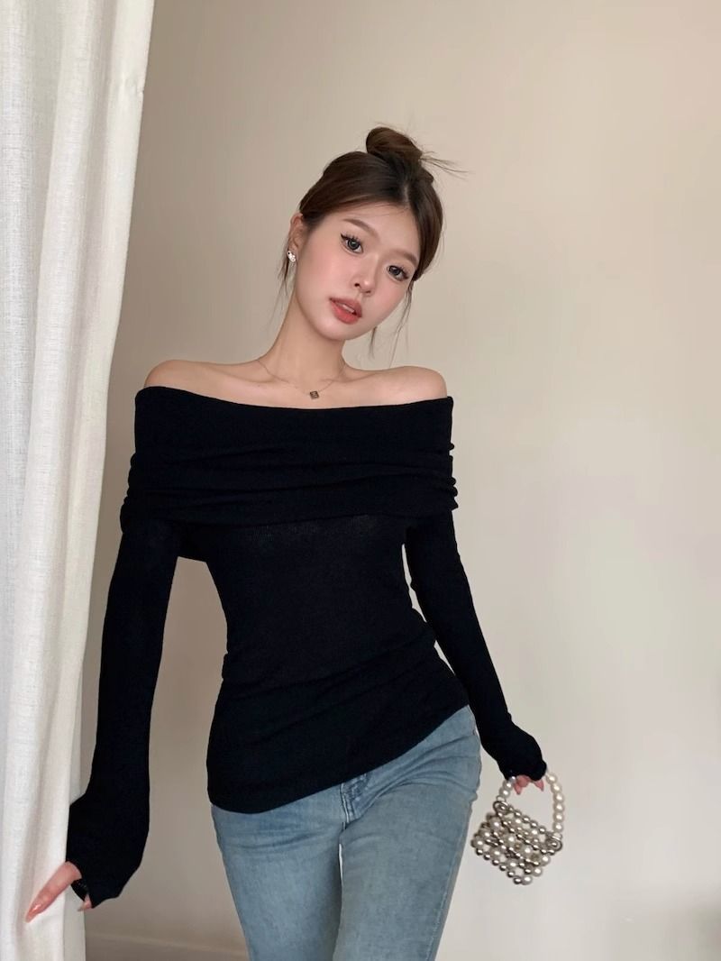 露肩一字肩上衣针织衫女秋装新款修身长袖红色漏肩黑色一字领毛衣详情22