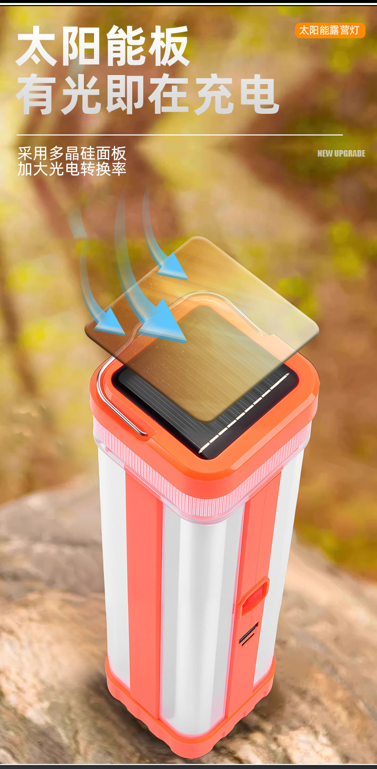 新款跨境太阳能手提式可充电4面发光野营灯大容量应急灯移动充电详情13