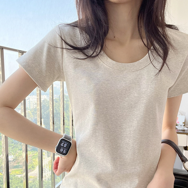 【高品质纯棉】u领收腰正肩显瘦大领口修身短袖T恤女打底衫上衣夏详情1