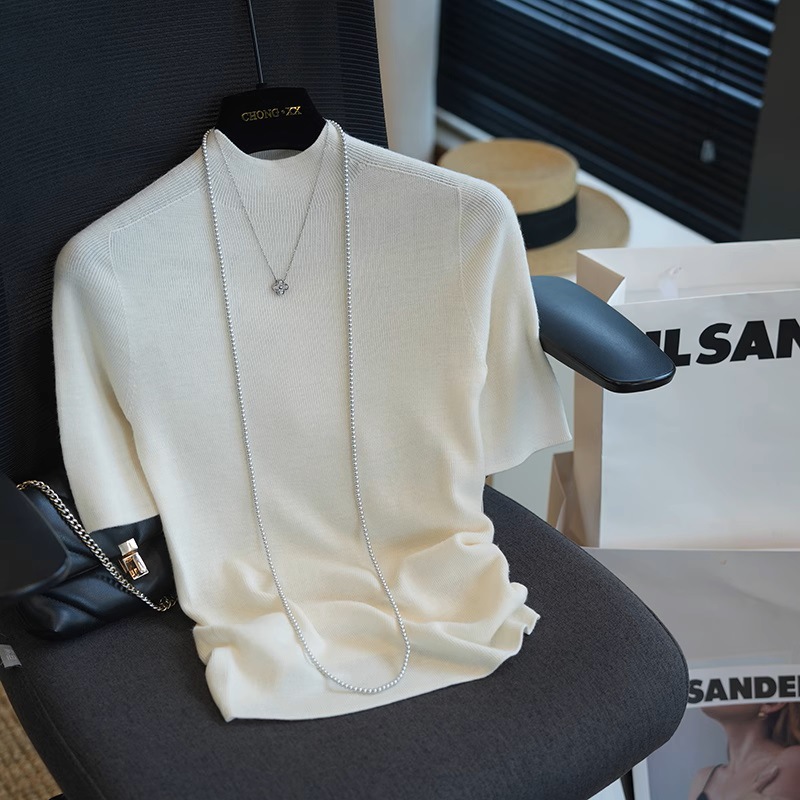 100 Fine-spun wool seamless one-piece semi-high-neck short-sleeved knitted base layer, women's slimming and form-fitting top Spring 909G pic 5