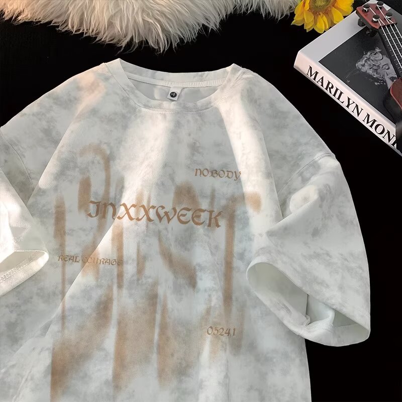 Summer trendy brand American heavy-duty pure cotton short-sleeved T-shirt for men, loose large-sized half-sleeved washed distressed T-shirt base layer pic 15