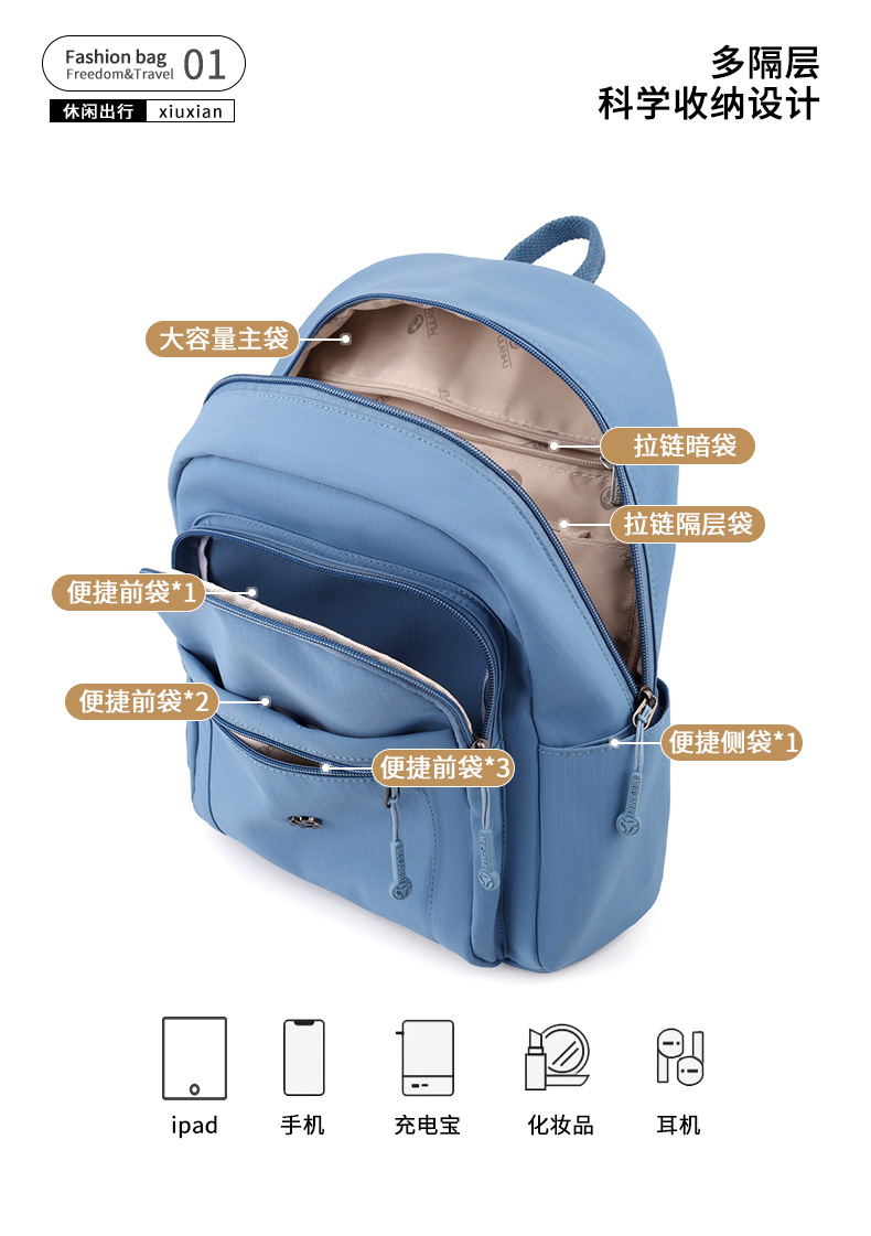 新款大容量双肩包百搭轻便尼龙包简约潮搭旅行包都市风靓丽背包详情6