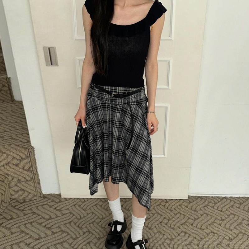 美式复古撞色格纹不规则半身裙女2024新款褶皱高腰显瘦A字中长裙详情13