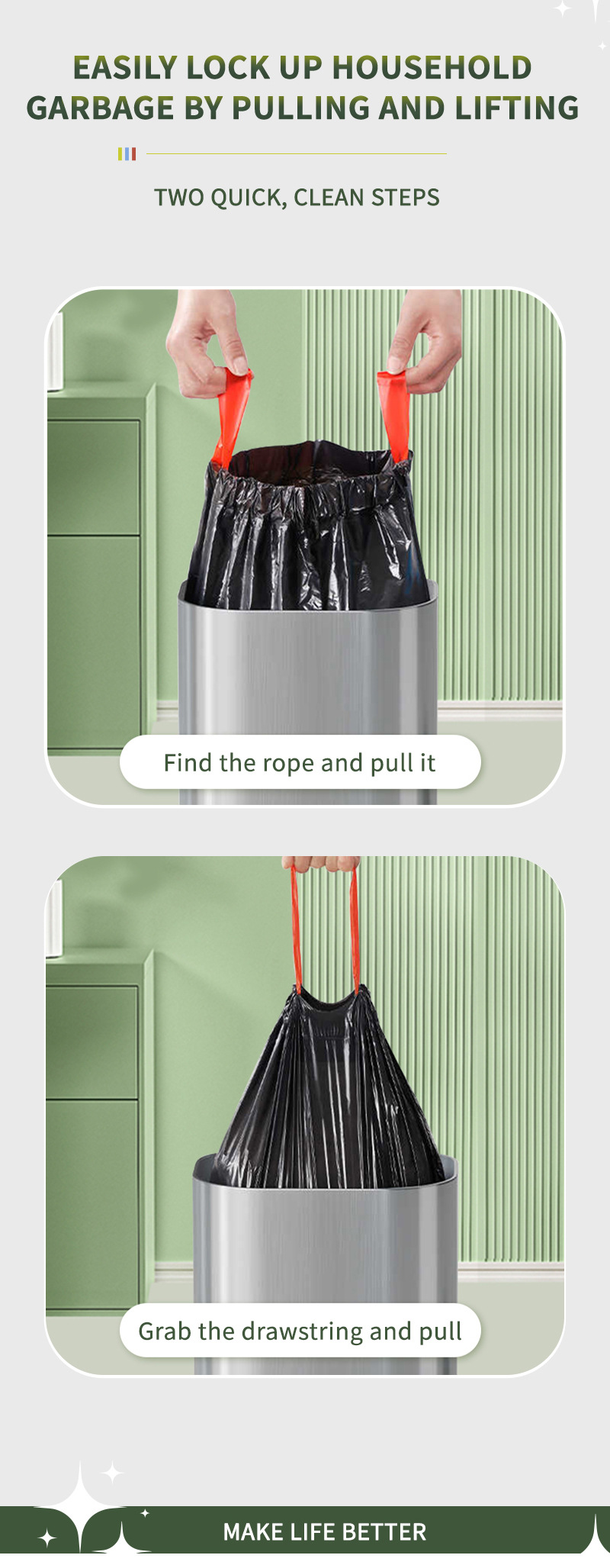 跨境抽绳垃圾袋家用厚款带拎手自动收口一次性塑料袋全英文包装环保耐用便捷清洁用品详情4