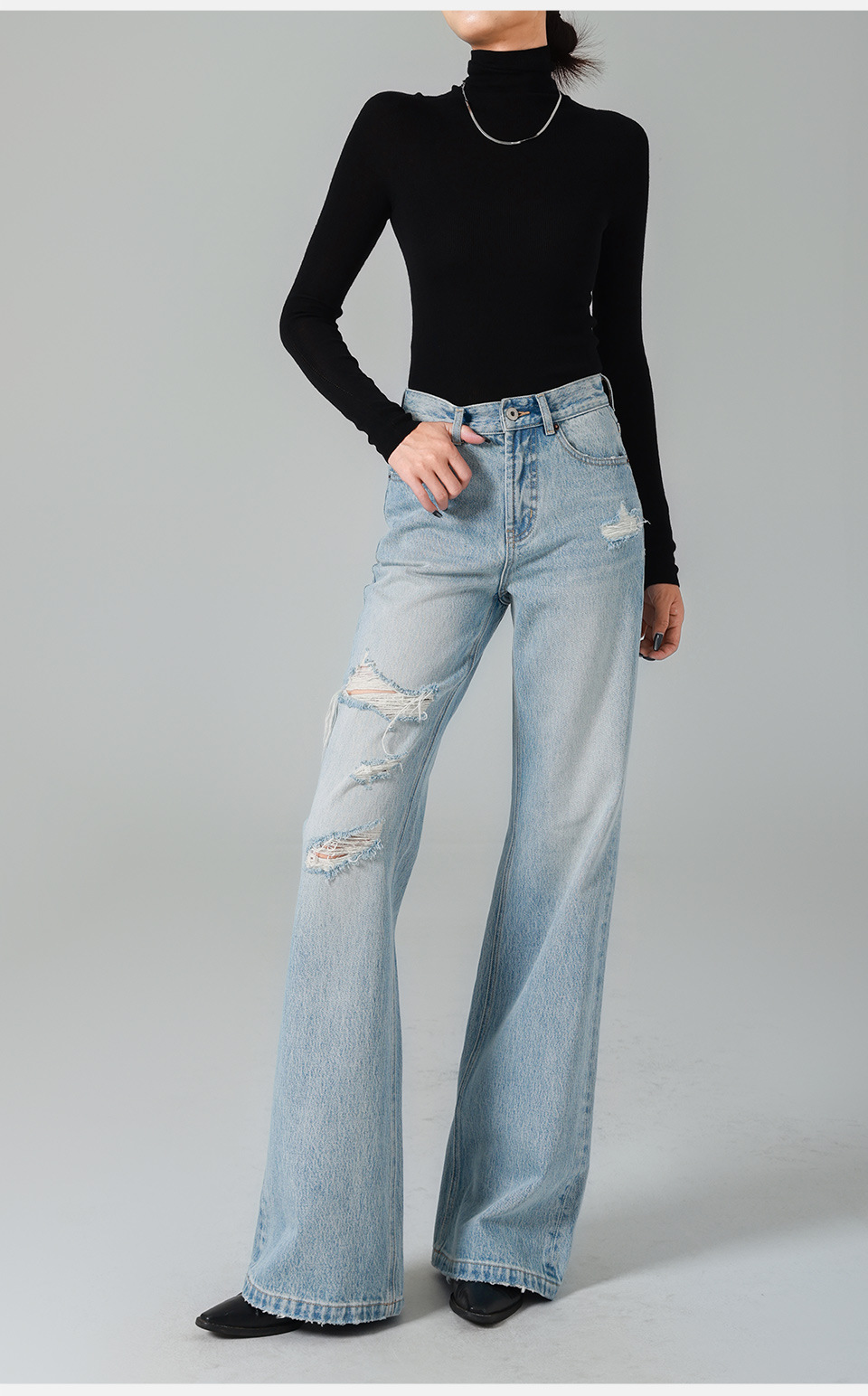 Classic light blue ripped high-waisted flared jeans for women, wide-leg retro flared pants, 25 early autumn new style, slimming pic 27