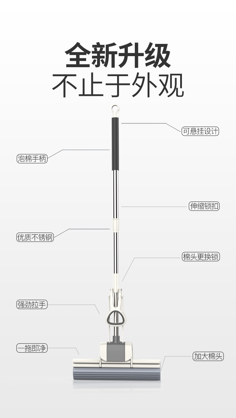 This sponge mop is a household roll-type water-squeezing mop that does not require hand washing. It is a large mop that can absorb water and is lightweight and easy to mop pic 12