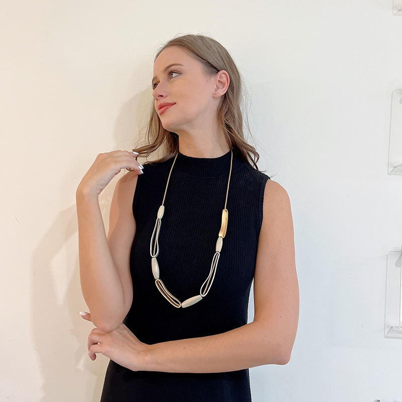 跨境专供亚马逊新款项链欧美时尚长款项链几何木头金属女士毛衣链详情6