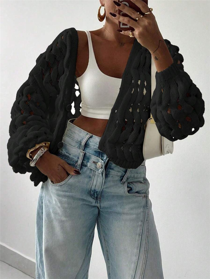 This cross-border Amazon knitted coat from Europe and America is a casual, hollowed-out button solid-color long-sleeved sweater with a strong sense of design pic 7