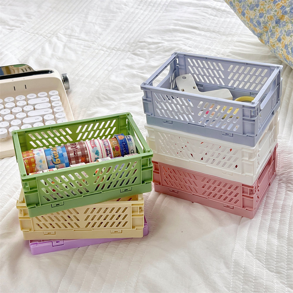 Tengyi mini caja de almacenamiento de plástico plegable organizador de mesa de estudiante tienda de mano cinta de papelería cesta plegable cesta de objetos pic 12