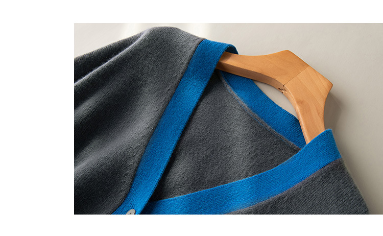 A stylish V-neck contrasting color wool cardigan with a simple and loose, fashionable knitted jacket for women in the autumn of 2024 pic 13