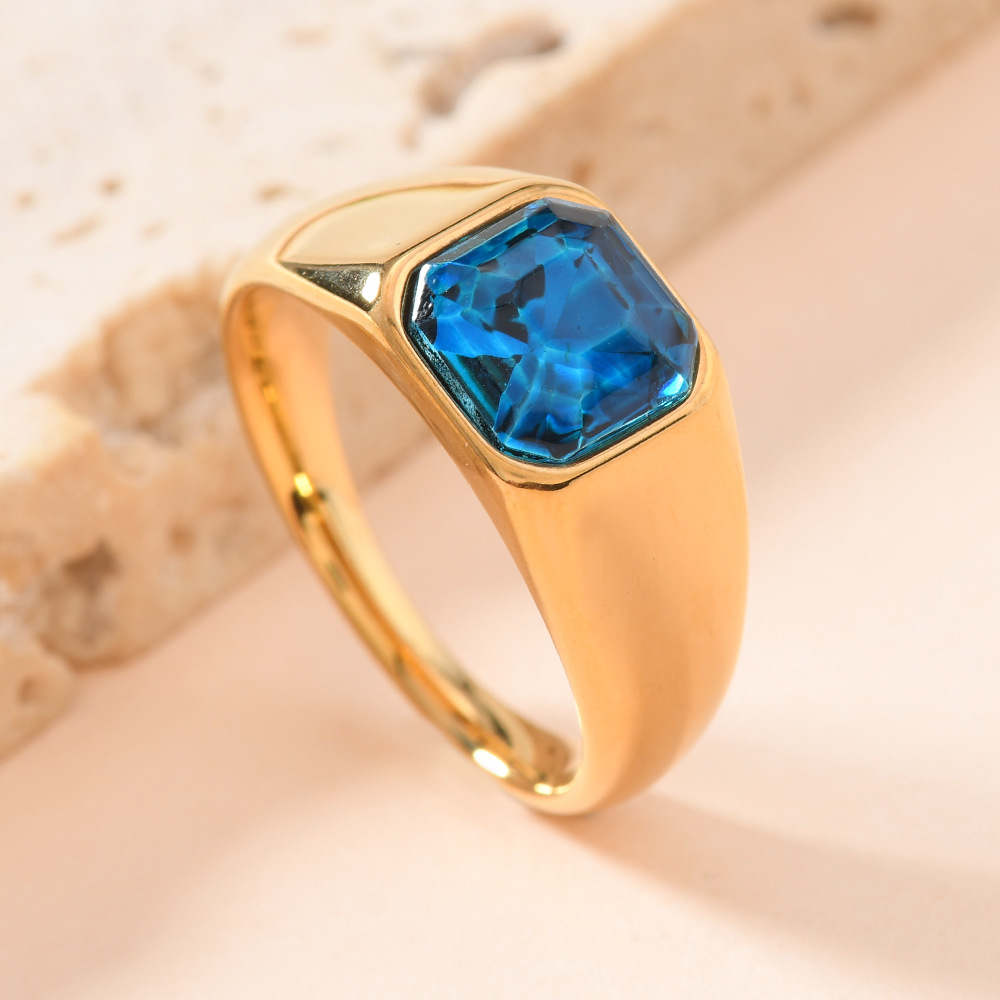 欧美跨境不锈钢铸造饰品男女通用 镶方形彩钻戒指镀18k金锆石戒指详情7