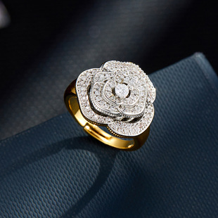 A light luxury and high-end grey pearl camellia open ring, a copper alloy slightly inlaid zircon adjustable index finger ring pic 1