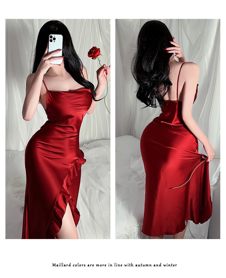 Influencers viento sexy halter vestido de dormir mujer glamourosa suela de volantes puntada pijama multicolor homewear 635 pic 14