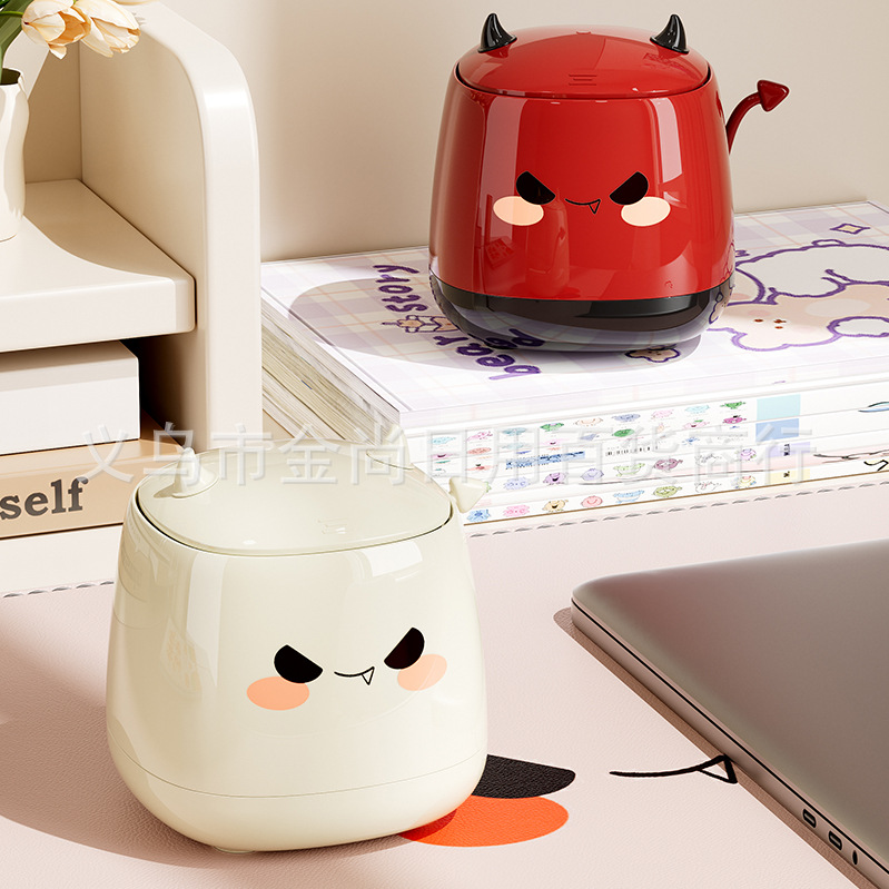 Maneki Neko Little Devil Desktop Trash can, cute press-type desktop sealed bucket with lid, home bedroom storage bucket pic 2