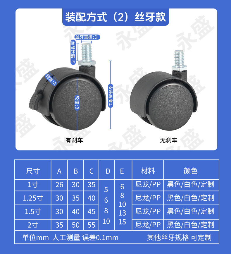 脚轮万向轮1寸1.5寸家具pp尼龙脚轮塑料电器PU静音白色轮子尼龙详情9